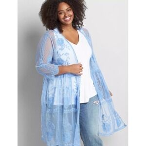 Lane Bryant Blue Floral Embroidered Mesh Duster Cardigan Kimono Plus Size 18/20
